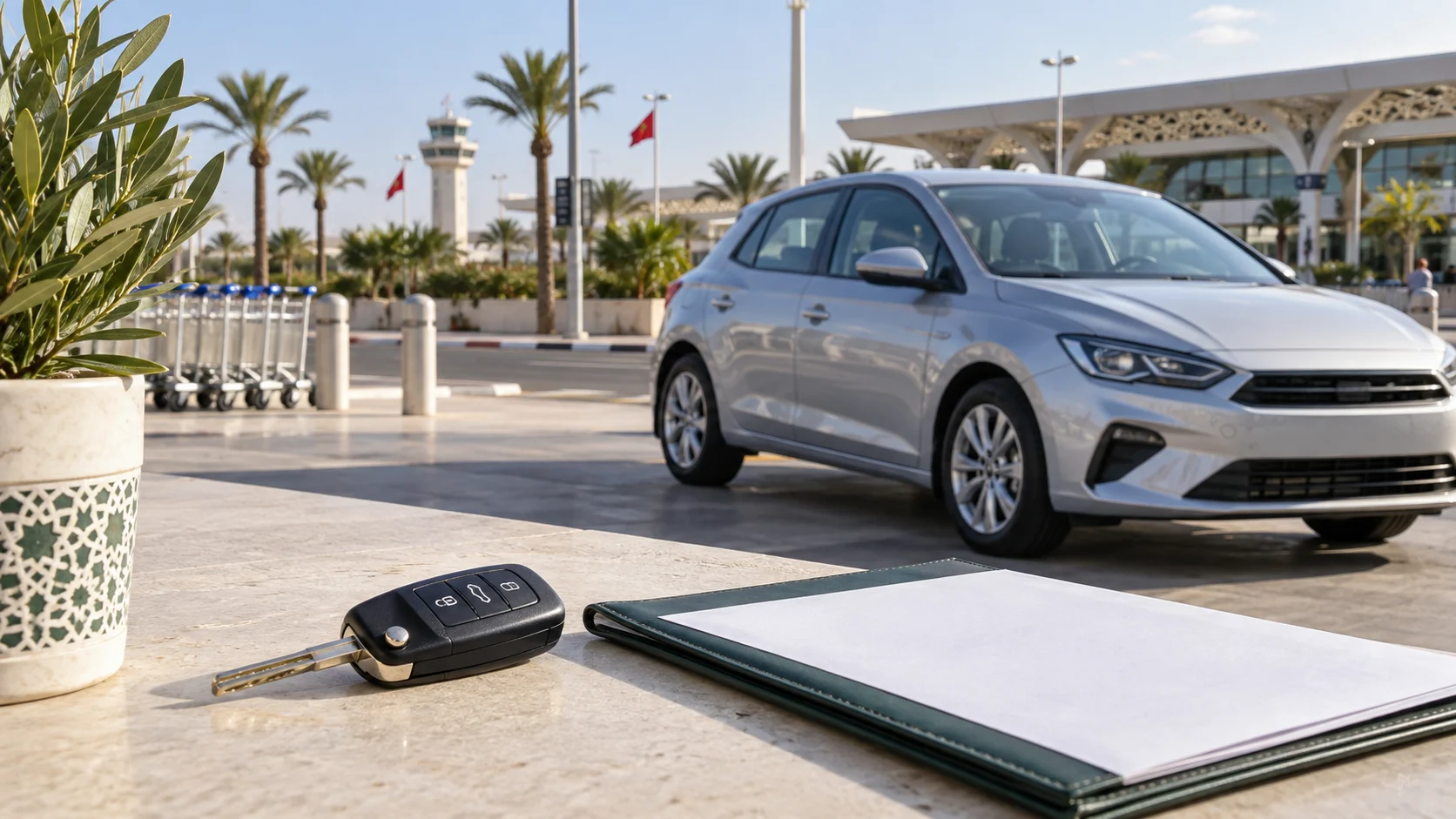 Mietwagenschlüssel und Versicherungsdokumente am Flughafen Agadir