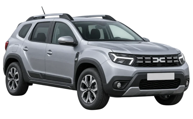 Silver Dacia Duster, front three-quarter view