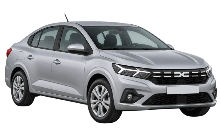 Silver Dacia Logan, front three-quarter view
