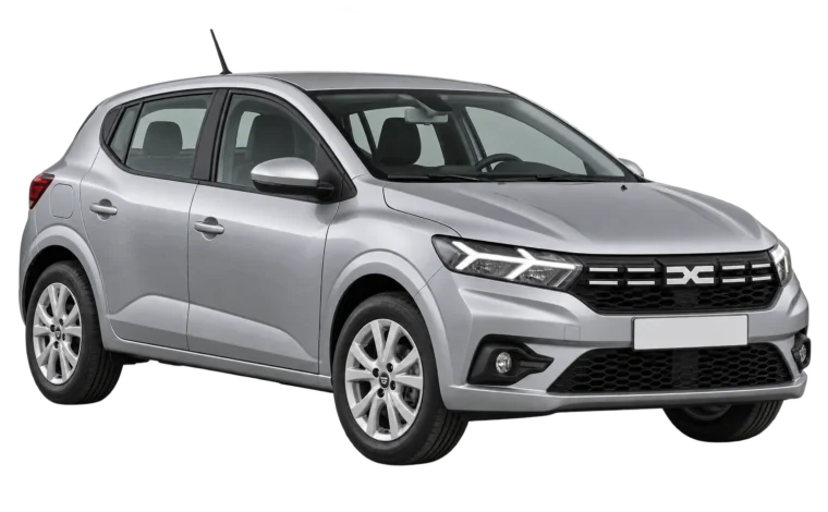 Silver Dacia Sandero, front three-quarter view