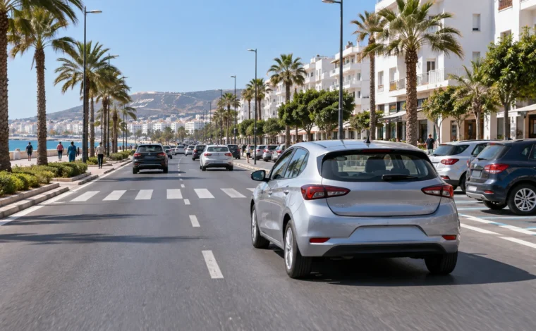 Rental car driving on a marked boulevard in Agadir