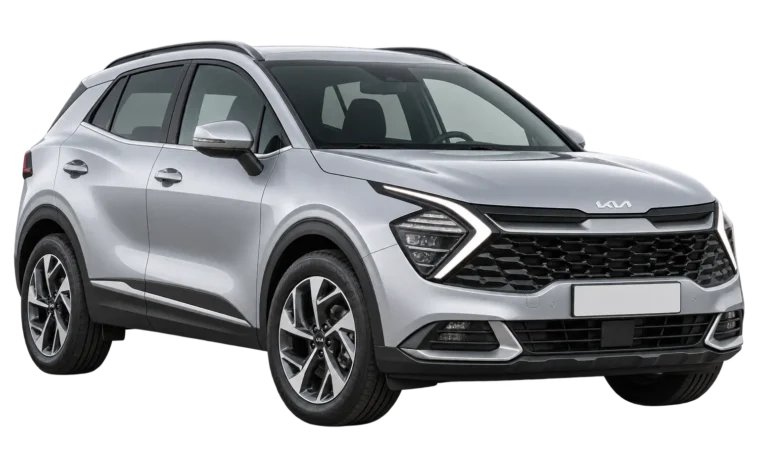 Silver Kia Sportage, front three-quarter view