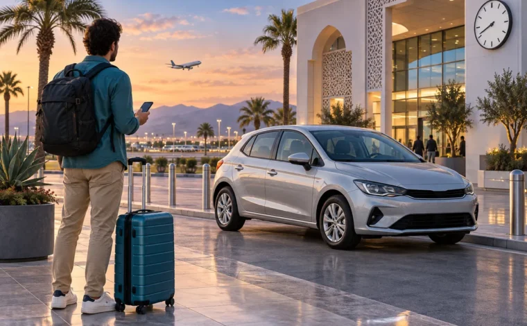 Illustration of a traveller checking a phone beside a rental car after an Agadir Airport flight delay