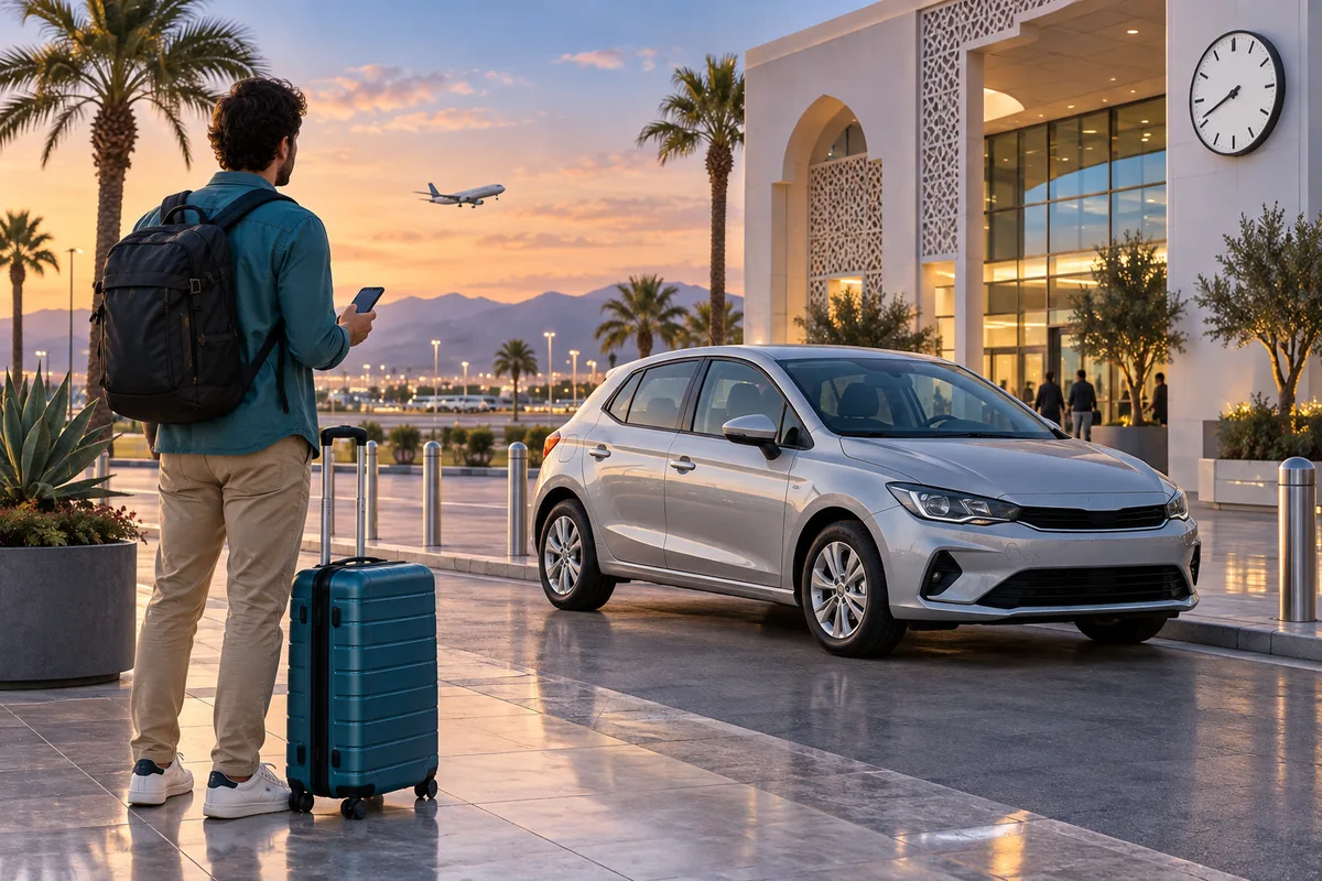 Illustration of a traveller checking a phone beside a rental car after an Agadir Airport flight delay