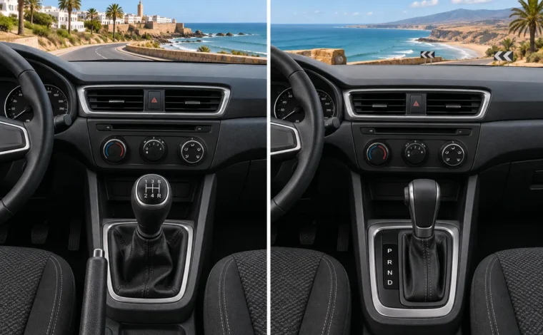 Illustration of gear selectors comparing automatic vs manual car rental for a Morocco trip