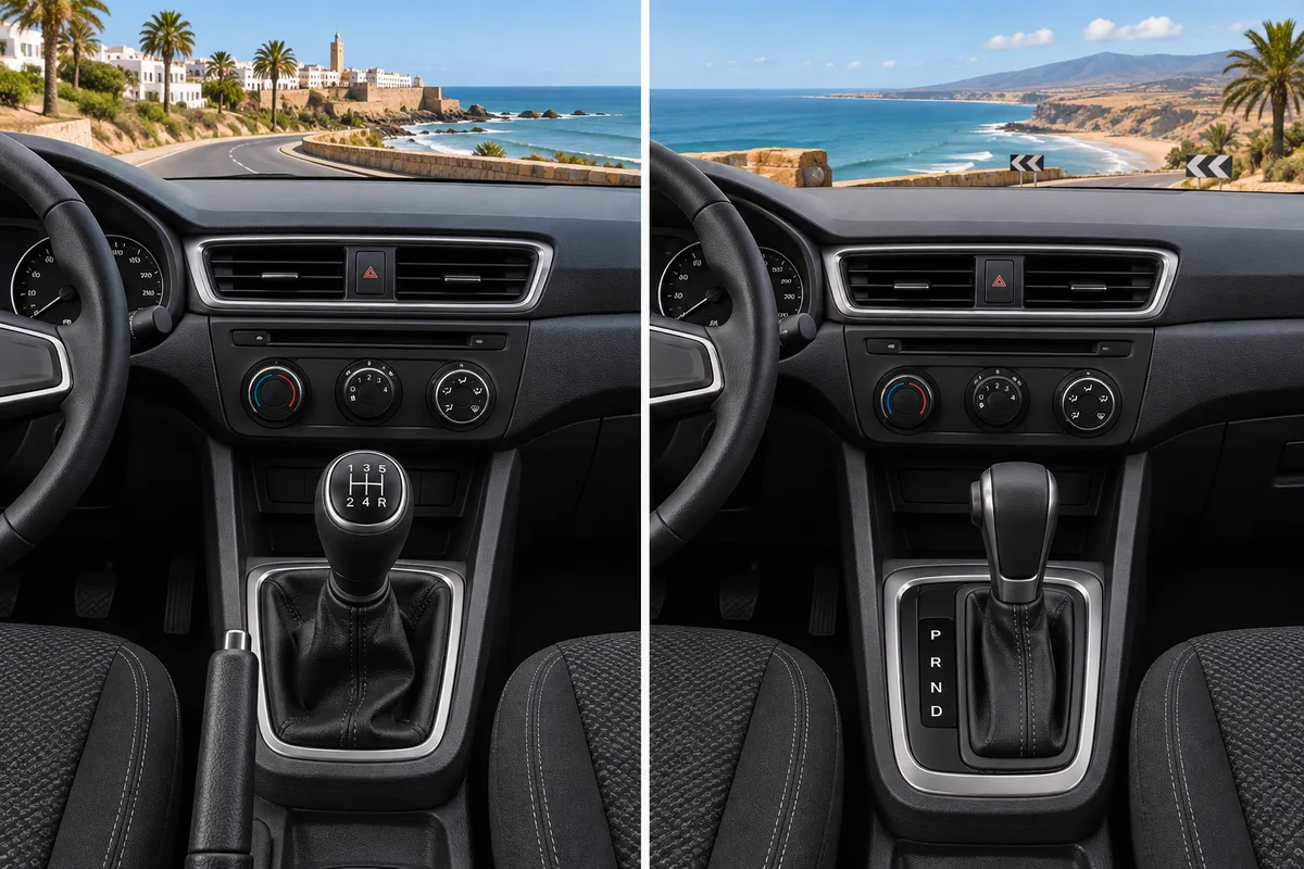 Illustration of gear selectors comparing automatic vs manual car rental for a Morocco trip