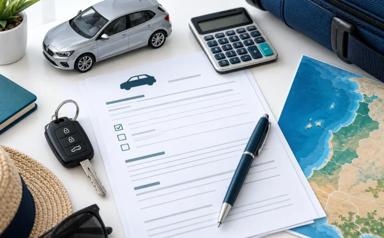 Illustration of a rental agreement, car key and calculator for checking PAFRENT rental terms and fees