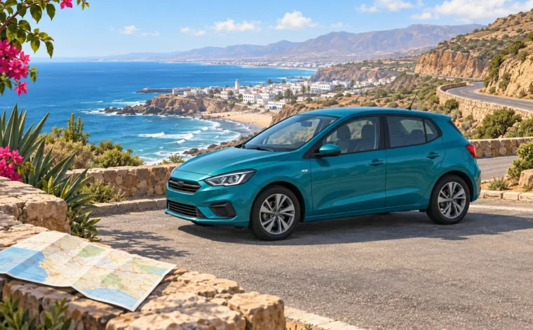 Illustration of a rental car at a Moroccan coastal viewpoint for an unlimited mileage car rental trip